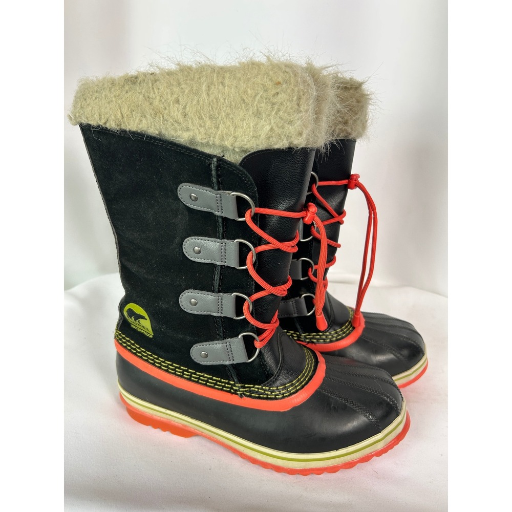 Sorel Tofino Black Orange Waterproof Faux Fur Winter Snow Boots Gorpcore Size 6